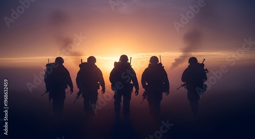 Back view of a group of soldiers walking through a foggy battlefield at dawn, heavy gear silhouettes, dramatic orange sky, smoke in the distance, cinematic lighting, no faces visible