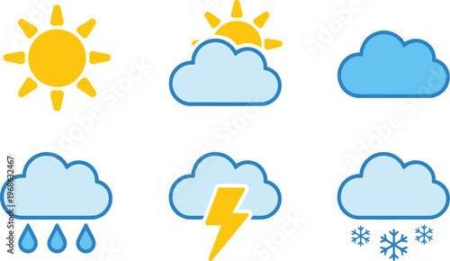 Weather forecast icon set, flat color vector symbols representing different weather conditions including sun clouds rain snow storm and seasonal climate.