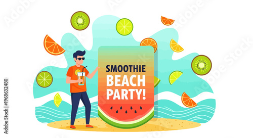 Man Promoting Smoothie Beach Party with Tropical Fruits and Ocean Waves