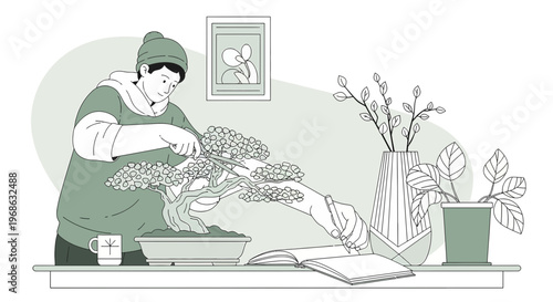 Man Pruning Bonsai Tree Indoors, Cozy Hobby, Lifestyle Illustration