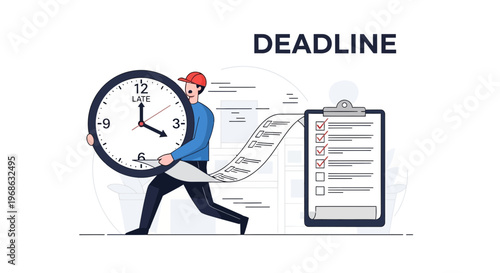 Deadline Pressure Task Overload Flat Vector Illustration, Time Management Stress, Running Late Concept, Urgent Work, Productivity Challenge, Business Deadline Concept for UI UX Design
