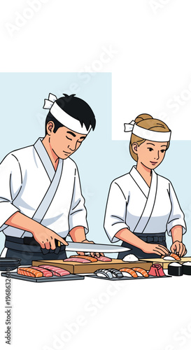 Two sushi chefs in traditional uniforms prepare fresh rolls behind a work table