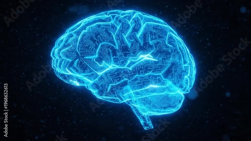 Digital blue brain hologram with glowing circuits and particles in dark space