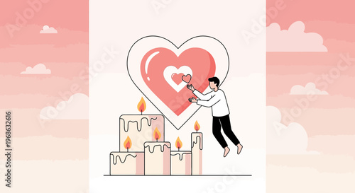 Man Reaching for Heart Symbol Surrounded by Candles, Love Concept, Romantic Cloud Background