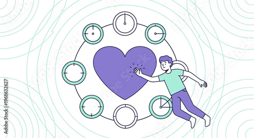 Man Reaching For Purple Heart Surrounded by Clock Icons, Symbolizing Love and Time