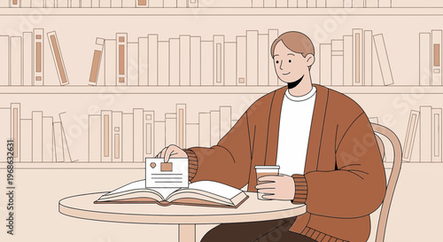 Man Reading Book and Drinking Coffee in Library