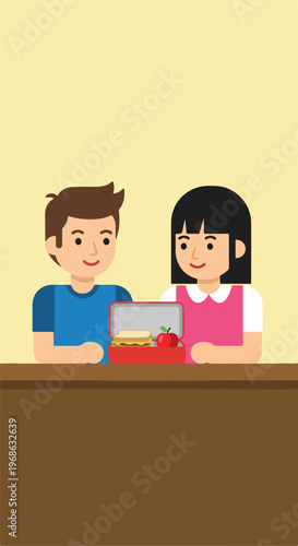 A boy and a girl sitting together at a table sharing a packed lunch container