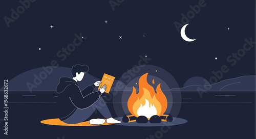 Man Reading Book by Campfire Under Night Sky with Moon and Stars