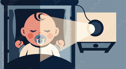 A flat vector illustration of an infant sleeping in a bed lit by a night lamp