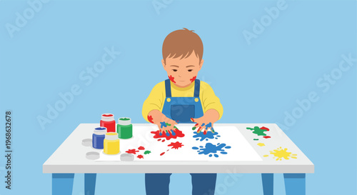 A small child is having fun finger painting with colorful paints at a table