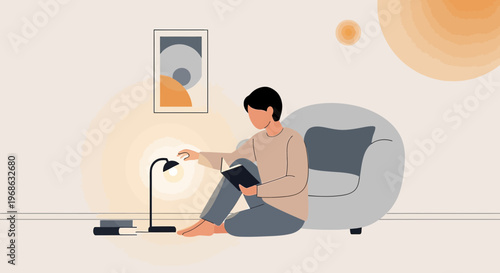 Man Reading Book by Lamp Light in Cozy Living Room