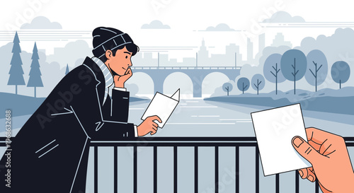 Man Reading Book by River in City, Hand Offers Blank Card