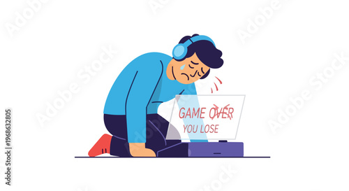 Sad Gamer Crying After Losing Video Game on Laptop