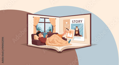 Man Reading Book on Sofa, Imagining Story World Inside Open Book