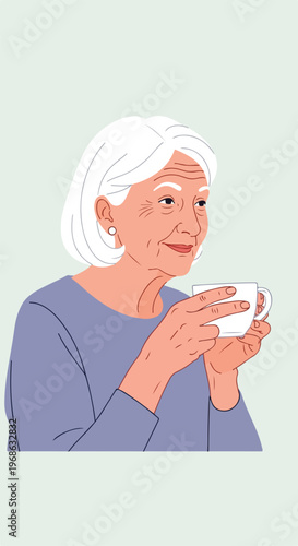 An elderly woman with white hair holding a white cup, illustrated in flat style