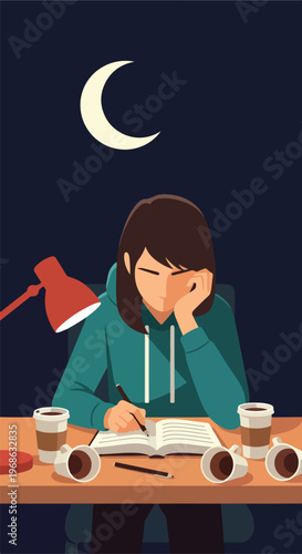 A tired student studies at a desk late at night with multiple cups of coffee