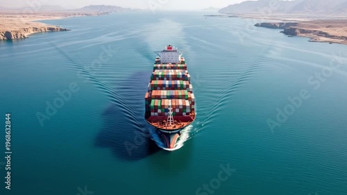 Massive container ship navigates through a narrow waterway with arid shores