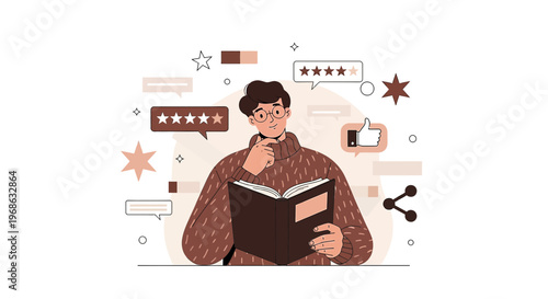 Man Reading Book Surrounded by Social Media Icons and Reviews