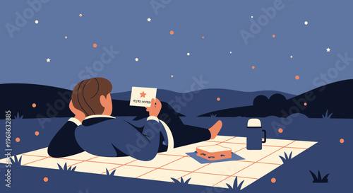 Man Reading Card Under Starry Night Sky with Picnic