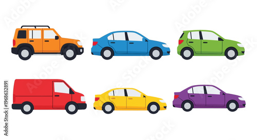 Colorful cartoon illustration featuring various vehicle types including cars a van and an suv in a flat design silhouette high quality