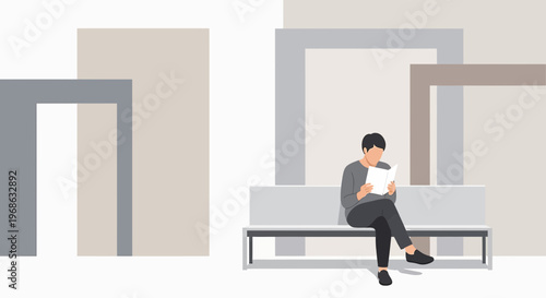 Man Reading Document on Bench with Abstract Geometric Background