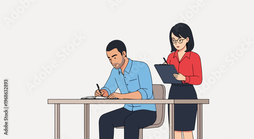 A man sitting at a desk writing while a woman stands beside him taking notes
