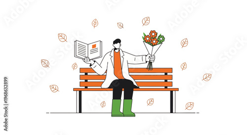 Man Reading Book, Holding Flowers on Park Bench, Autumn Leaves Falling