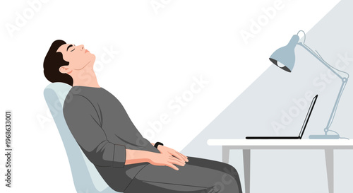 Man Relaxing in Chair, Eyes Closed, Desk Lamp and Laptop Nearby