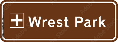 Tourist Direction Sign to Wrest Park with Medical Cross Symbol in Brown for Travel Guidance, Heritage Site Navigation, and Public Information Design