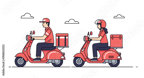 Two delivery workers riding red scooters with food boxes on white background