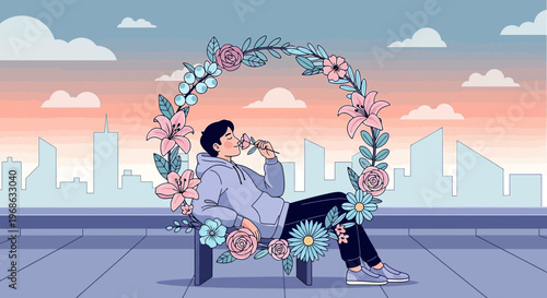 Man Relaxing in Floral Circle Frame with Cityscape Background