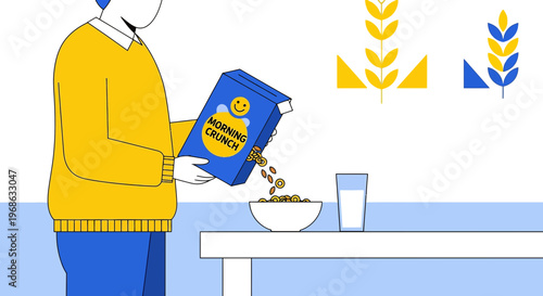 Man Pouring Cereal, Healthy Breakfast, Morning Routine, Flat Design