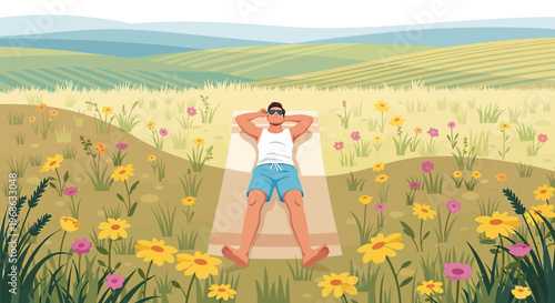 Man Relaxing in a Sunny Wildflower Meadow, Summer Landscape