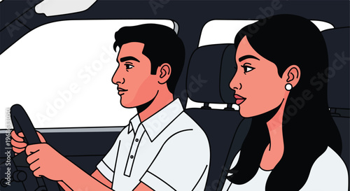 A man drives a car with a woman sitting in the passenger seat beside him