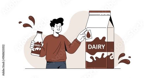 Man Pouring Chocolate Milk from Carton into Bottle, Healthy Drink Concept