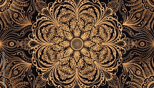 Luxury Gold and Black Ornamental Pattern Background with Elegant Floral Damask and Mandala Elements