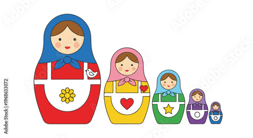 A set of five colorful traditional wooden nesting dolls arranged in a straight row