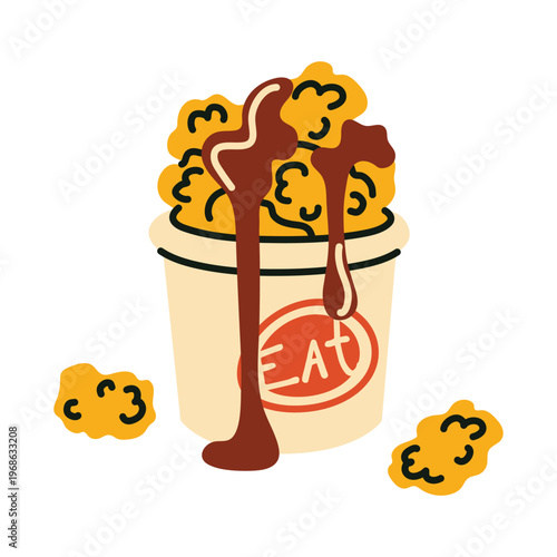 Crispy chicken nuggets with sauce in bucket illustration. Vibrant hand drawn fast food icon isolated on white for cafe menus and takeaway branding.