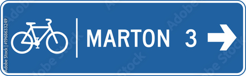 Bicycle Route Sign to Marton 3 Miles with Direction Arrow in Blue for Cycling Navigation, Road Guidance, and Transport Signage Design