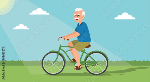 A happy senior man with white hair and glasses riding a green bicycle outside