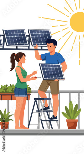 A man on a ladder and a woman installing solar panels on a sunny balcony