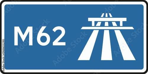 Motorway Sign M62 with Overpass Highway Symbol in Blue for Road Navigation, Traffic Direction, Transport Infrastructure, and Travel Guidance Design