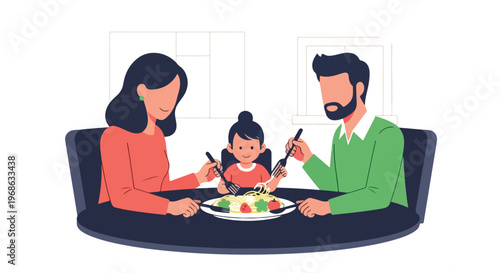 A family of three sharing a plate of pasta together at a modern dining table