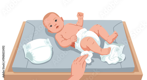 A baby lying on a changing pad as a caregiver prepares to put on a new diaper