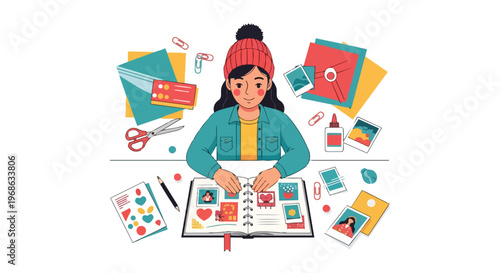 Young Woman Creating a Scrapbook with Photos and Stickers