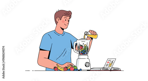Young Man Making Fresh Fruit Smoothie in Blender at Home