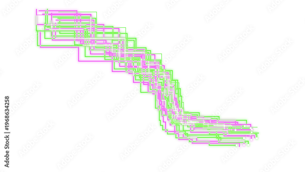 Fototapeta premium Abstract digital data visualization, a modern technological graph showing a downward trend, green and purple lines, a minimalist design for business analytics and financial reports