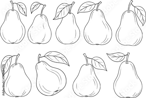 Collection of hand drawn black and white pear with leaves a white background fruit