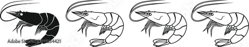 Shrimp and prawn vector icon collection featuring black silhouette and line art outlines isolated on a clean white background for design.