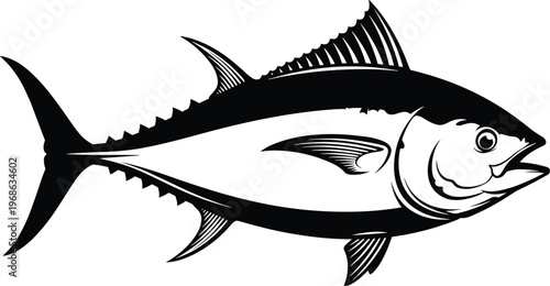 Black and white tuna fish vector illustration, isolated marine life graphic design, ocean fishing logo element, detailed seafood animal sketch